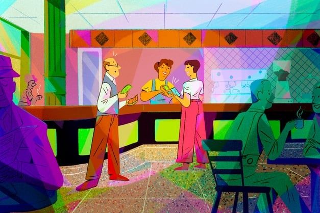Illustreret bar med gæster, drinks og mulig kontaktløs betaling