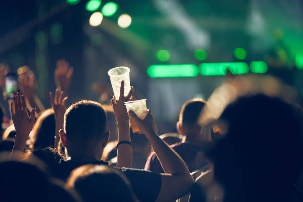 Festivalgæster holder plastikkrus oppe blandt en tæt menneskemængde